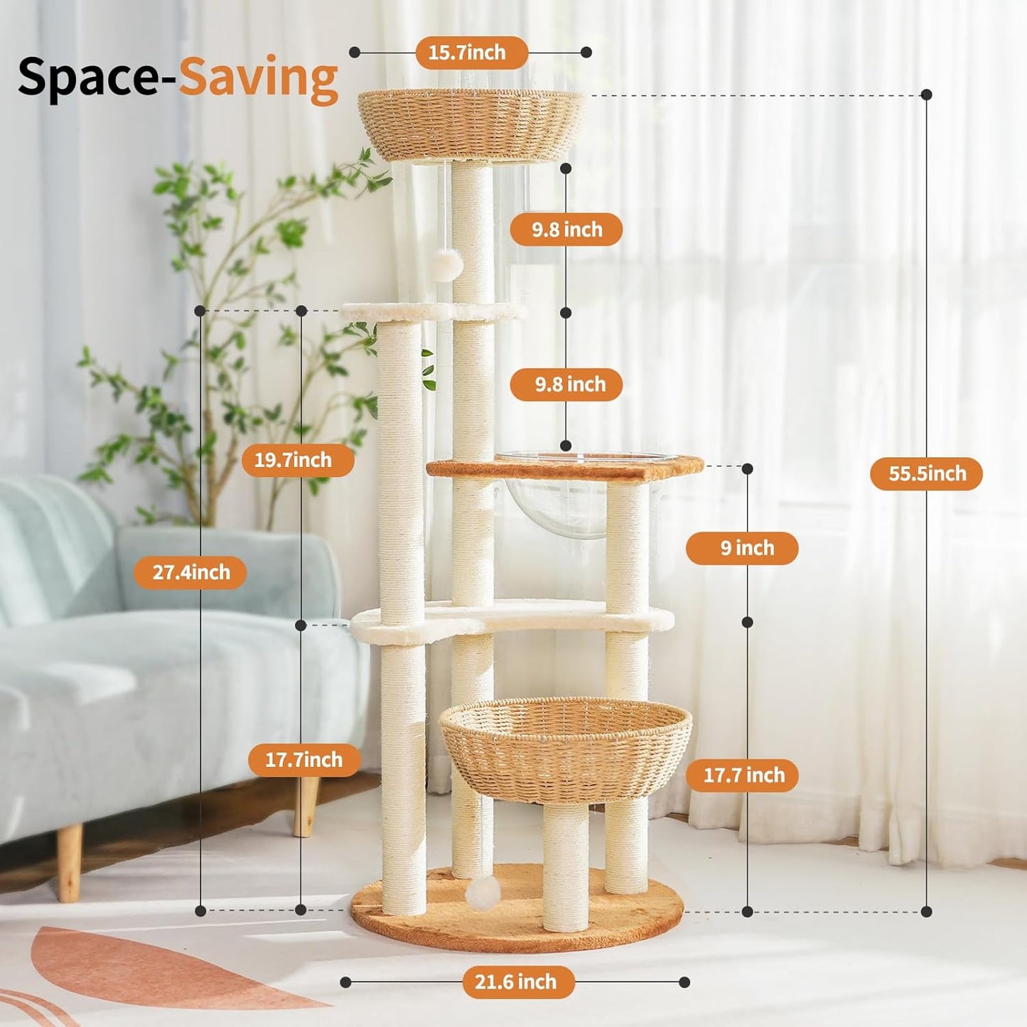 Modern Cat Tree Tower,Hand-Woven Ma Teng cat nest, Sisal-Covered Scratching Posts for Indoor Cats, Multi-Level Cat Condo with Space Capsule Nest, Tall Cat Tree for Multiple Large Cats
