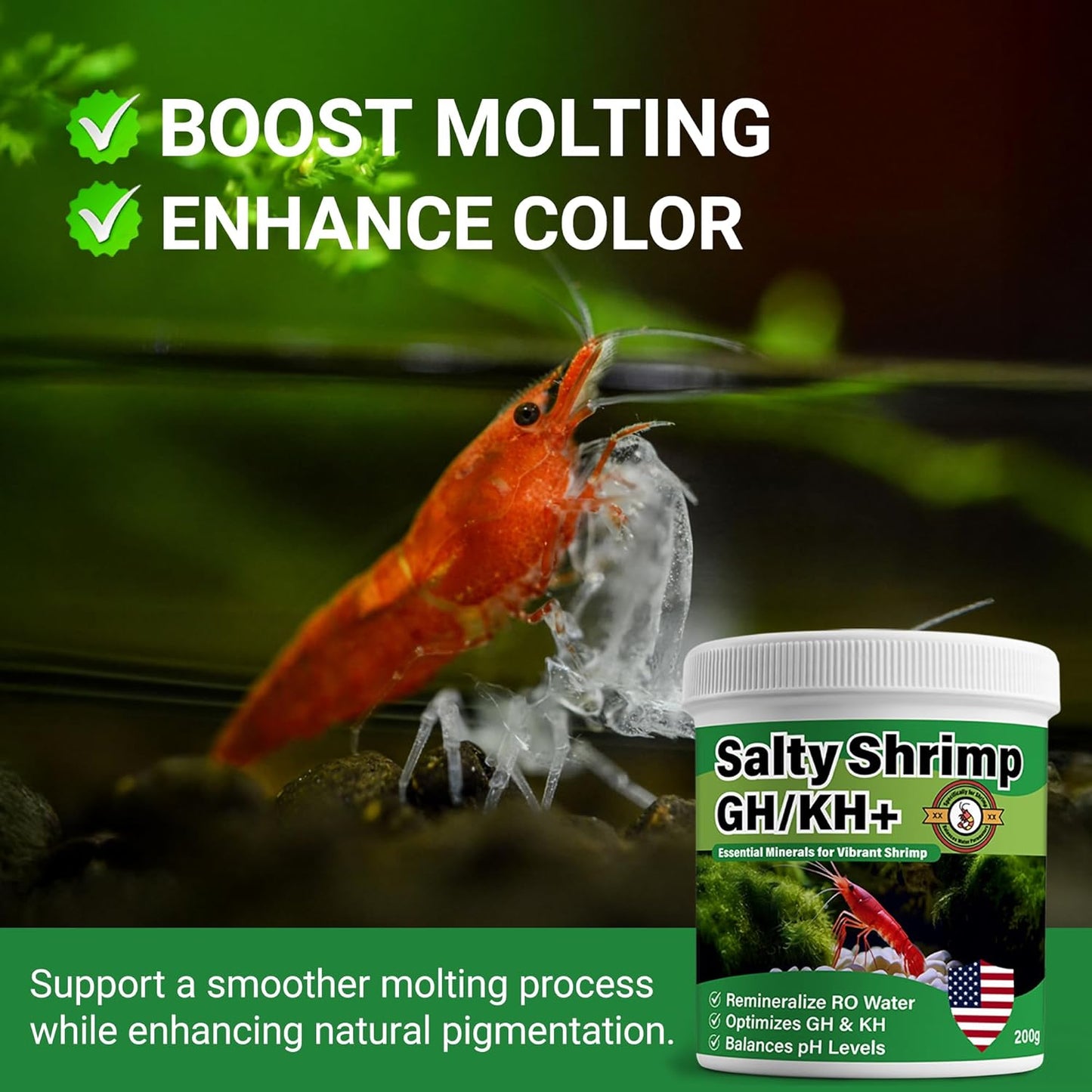 Salty Shrimp GH/KH+ 200G, Keep Your Shrimp Alive, Boost Breeding Healthy & Remineralize RO Water, The Shrimpies Stopped Dying Once You Dripped Our GH/KH+ in with RO Water