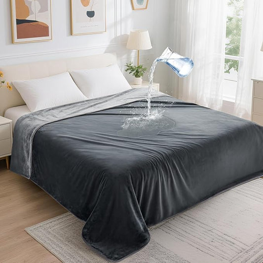 LOOBANI Waterproof Blanket for Bed, Soft Flannel Twin Bed Blanket 60" x 80" | Dog Pet Blankets for Large Dogs, Reversible Spill-Proof Throw for Couch Cover, Movie Time, Camping, Travel, Noise Free, Grey