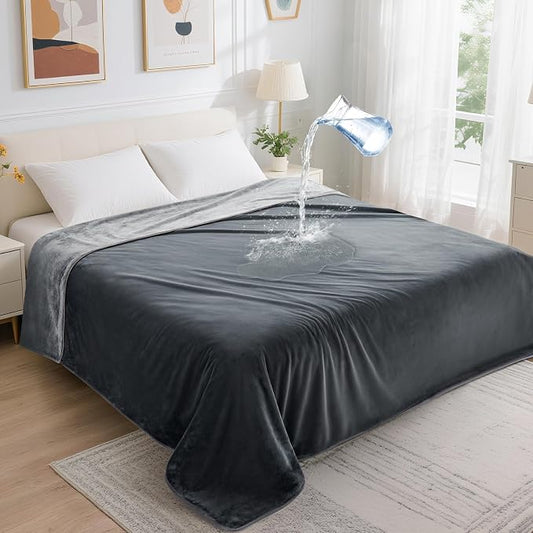 LOOBANI King Size Waterproof Blanket, Oversized Bed Cover, 85"x108", Grey | Reversible Flannel Dog Blankets for Large Dogs, Spill-Proof Couch Cover for Family Movie Nights, Camping, Travel, Noise Free