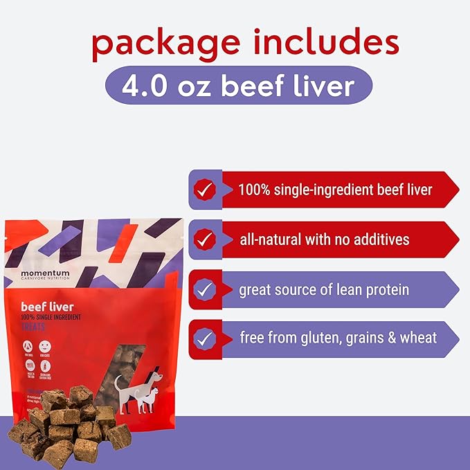 Momentum Carnivore Nutrition Freeze-Dried Beef Liver Dog Treats & Cat Treats – Single-Ingredient, High-Protein, Grain-Free, Nutrient-Rich – Made in USA – 4 oz Bag