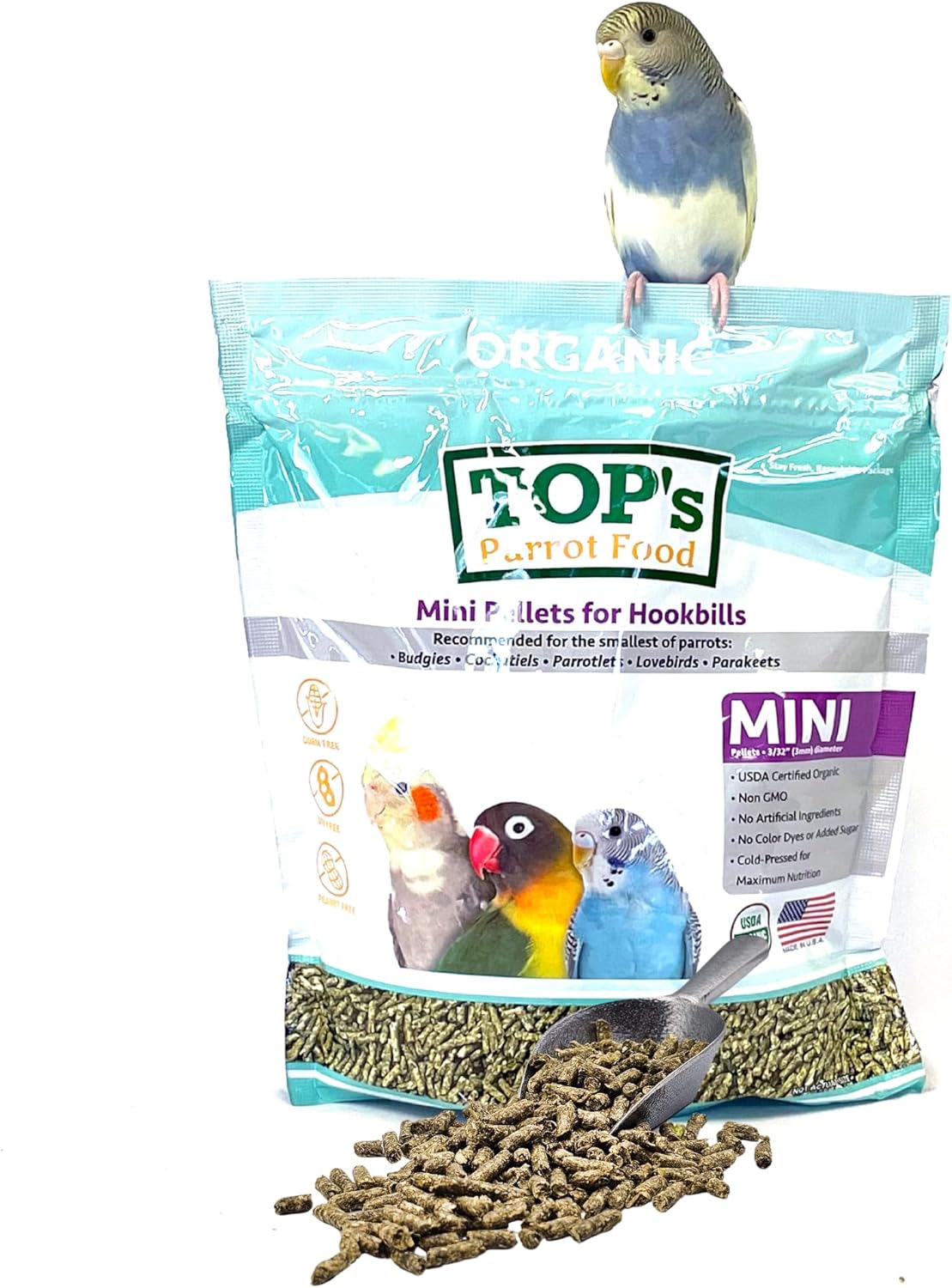 TOP's Parrot Food Mini Pellets Bird Food for Budgies, Cockatiels, Parrotlets, Lovebirds, Parakeets - Non-GMO, Peanut Soy & Corn Free, USDA Organic Certified - 4LBS
