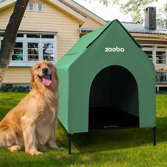 Zooba 36in Large Dog House Outdoor, Elevated Dog Bed with Canopy, Green | Weather-resistant 600D PVC canopy, breathable 2x1 Textilene elevated bed, steel frame; indoor or outdoor; easy to clean