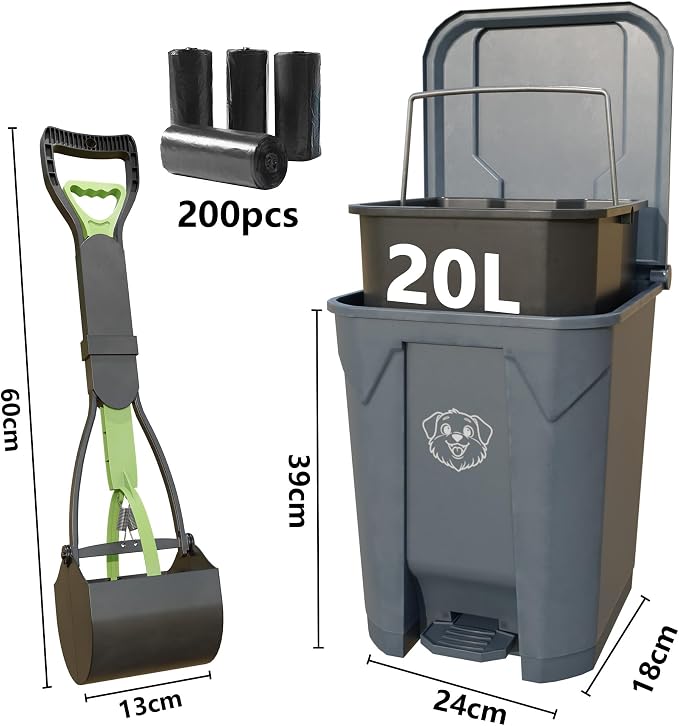 Outdoors Pet Waste Station 20L/5 Gallon Dog Poop Trash Can with Lid – Foot Pedal, Removable Inner Bin,Includes 200 Bonus Waste Bags & Long Handle Green Pooper Scooper