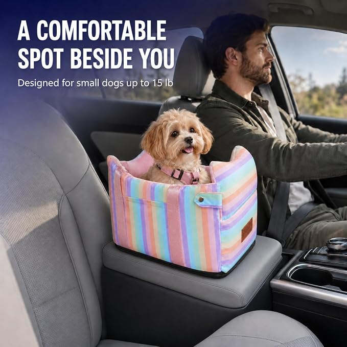 Dog Car Seat for Small Dogs 5-15 lbs, Pink Stripes | Center Console Puppy Booster and Portable Travel Bed, Anti-Collapse Design with Washable Fluffy Cushion