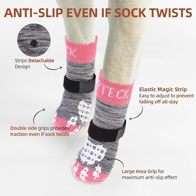 PUPTECK Anti-Slip Dog Socks with Double Sides Grips for Small Medium Large Dogs Hardwood Floors Prevents Licking, Dog Shoes for Hot Pavement Traction Control for Senior Dogs, Grey&Pink L