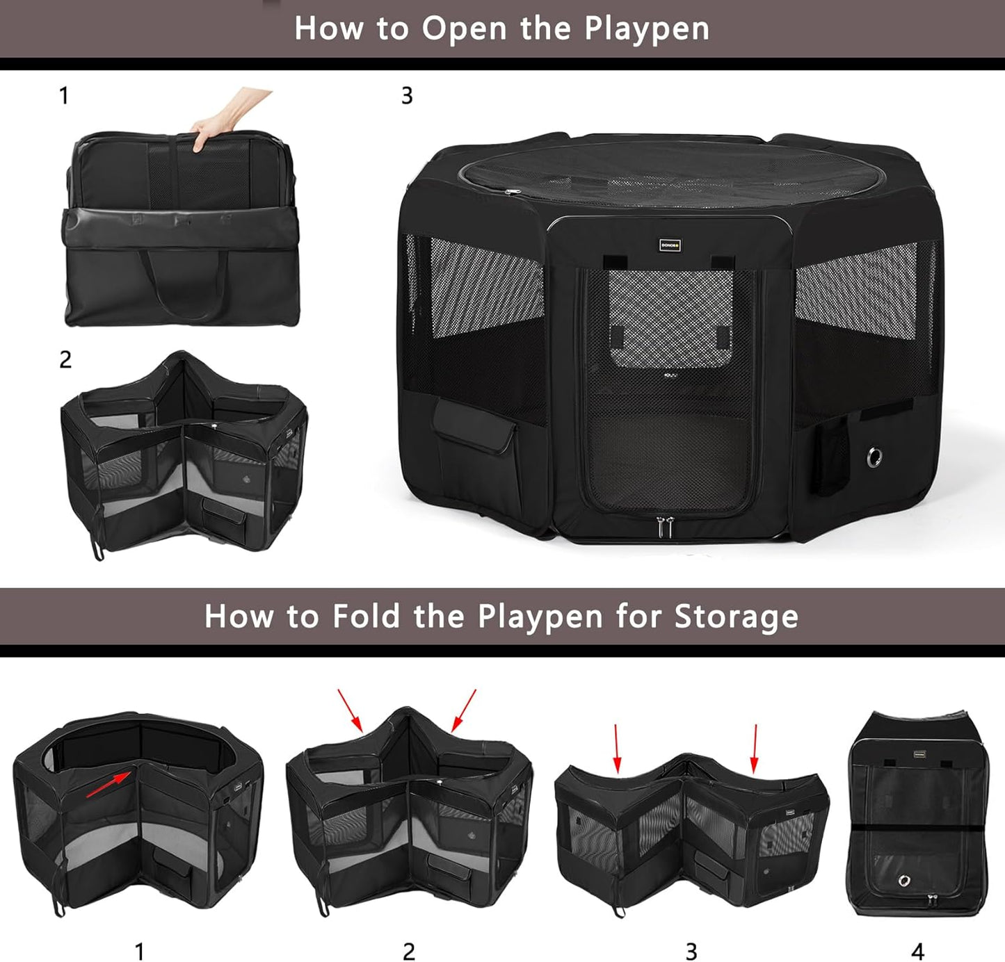 DONORO Dog Playpen Portable Pet Play Pens for Small Dog/Cat/Rabbit/Chicks, Cat Playpen Indoor/Outdoor with Carring Case, Removable Zipper Top and Bottom (Black, Small (29"x29"x15"), 8)