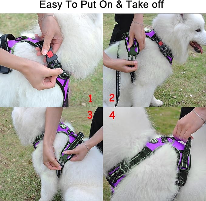 PoyPet No Pull Dog Harness Large with Front Clip & Neck Release Buckle | No Choke, Adjustable Vest, Reflective, Back Clip, Lockable, Soft Padded, Easy Control Handle for Walking Training, XL, Purple
