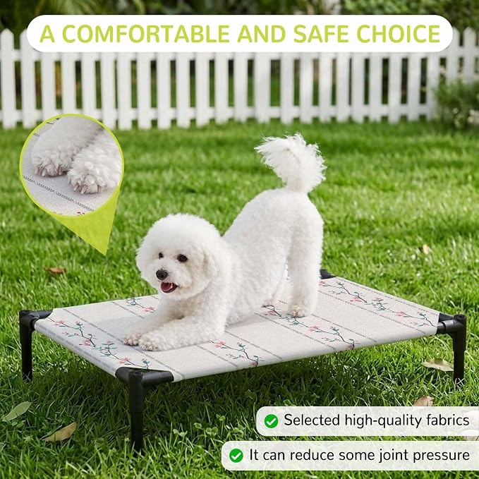 Outdoor Elevated Dog Bed for Medium Dogs, Beige Flower Branch Breathable Cooling Raised Dog Cot for Indoor/Outdoor, Spring Summer Farmhouse Botanical Waterproof Elevated Pet Beds, M 24 x 20 in