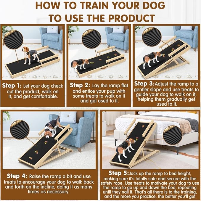 55" Adjustable Dog Ramp for Bed, Upgraded Wooden Pet Ramp with Non-Slip Silicone Surface and Side Rails, Height Settings (19.68-27.55"), Holds Up to 250lb, Portable Pet Stairs for Senior & Large Dogs