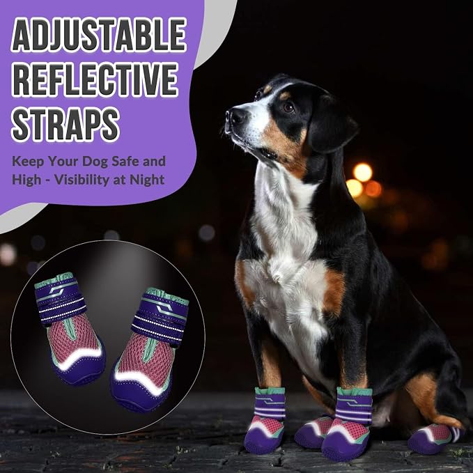 SlowTon Dog Shoes for Large Small Medium Dogs - Breathable Dog Boots for Summer Hot Pavement, Paw Protector for Outdoor Walking Winter Snow, Anti-Slip Rubber Dog Booties for Hardwood Floor (PIPU, 4)