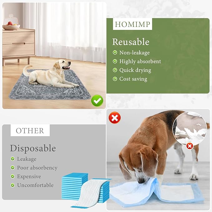 Homimp Washable Pee Pads for Dogs, 2 Pack Reusable Puppy Pads Waterproof, Absorbent and Leakproof Dog Pee Pads, Non Slip Puppy Training Pads, Pet Mat for Floor, Crate, Couch, Whelping,Grey, 36"x41"