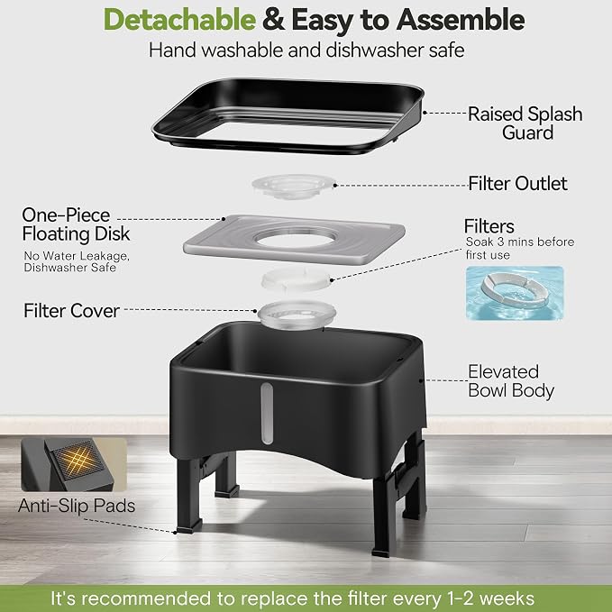 UPSKY 2.9Gal No Spill Dog Water Bowl, 4 Height Adjustable Elevated Bowl with Slow Drinking Feeder for Senior Dogs, Anti-Splash Floating Disk & Filter, Large Capacity for Large Dogs & Multi-Pet Homes