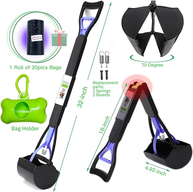32" Pooper Scooper for Large Small Dogs and Cats, Portable Long Handle Foldable Poop Scoop,Pooper scooper for large dogs with Poop Bags for Grass and Gravel Pet Waste Pick Up