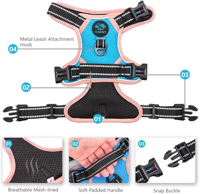 No Pull Dog Harness Medium Reflective Front Clip Vest with Handle | Adjustable 2 Metal Rings 3 Buckles ,[Easy to Put on & Take off](M, Blue)