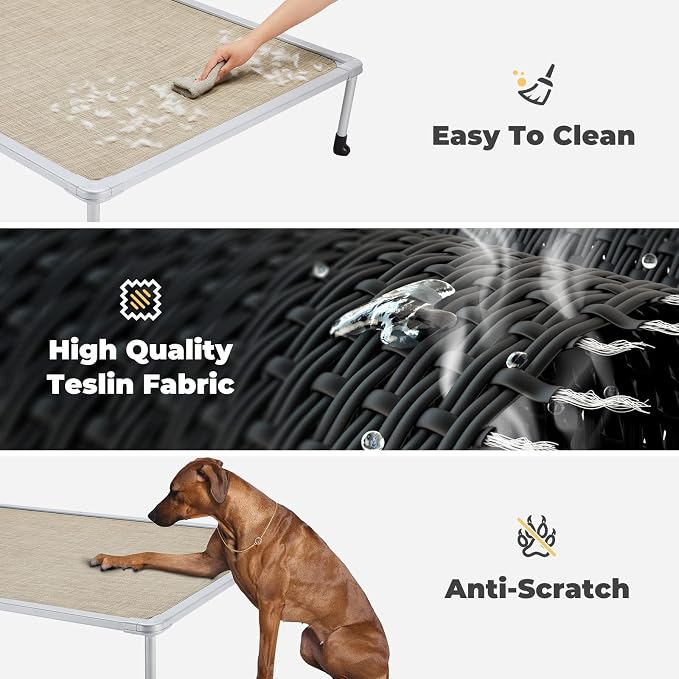 Veehoo Chewproof Elevated Dog Bed - Cooling Raised Pet Cot, Breathable Mesh, Washable & Non-Slip for large Dogs, Indoor/Outdoor, Beige Coffee Mat and Silver Metal Frame, 59x37inches (Model CWC2203B03)