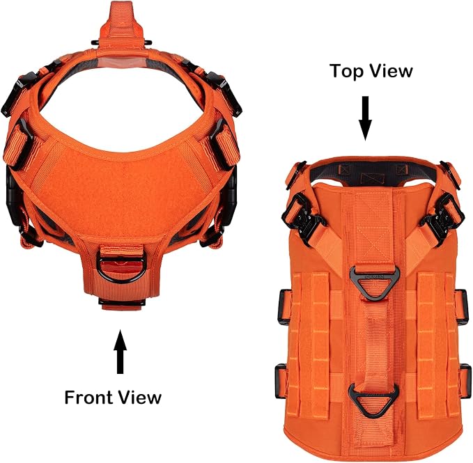 ICEFANG No Pull Tactical Dog Harness for X-Large Dogs,Adjustable Dog Vest | Control Handle,MOLLE Panel,Front Hook,3 Leash Clips,Soft Padded,for walking training,Orange,X-Large