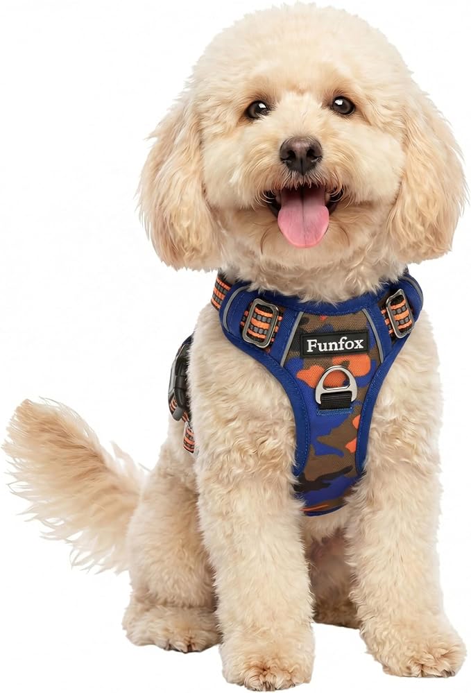 Dog Harness No Pull, Adjustable Pet Vest Harness, Super Soft Material with Vertical Handle Easy Control, Reflective Night Walking, 2 Leash Clips for Small Sized Dogs, Camo Orange, S