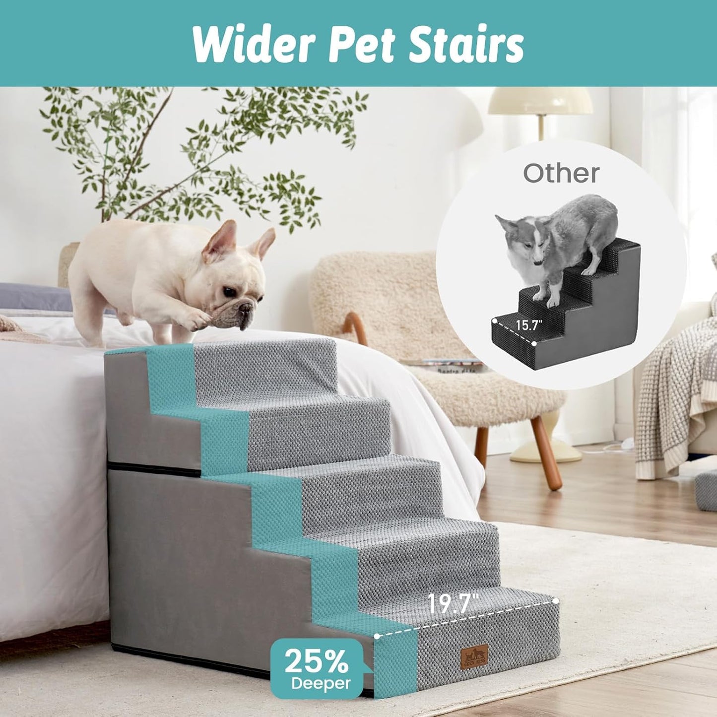 Dog Stairs for Small Dogs, 5 Tier Removable Wider Pet Stairs for Couch and Bed, 23.6" H Non-Slip Dog Steps for Puppies and Old Cats with Support Board, 29.5x19.7x23.6 inch, Grey