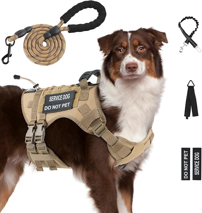 No Pull Tactical Dog Harness for Large Dogs, Service Dog Vest, XL, Brown | Tactical Dog Vest Harness and Leash Set, Adjustable Military Service Dog Harness with Handle for Medium Large Dogs