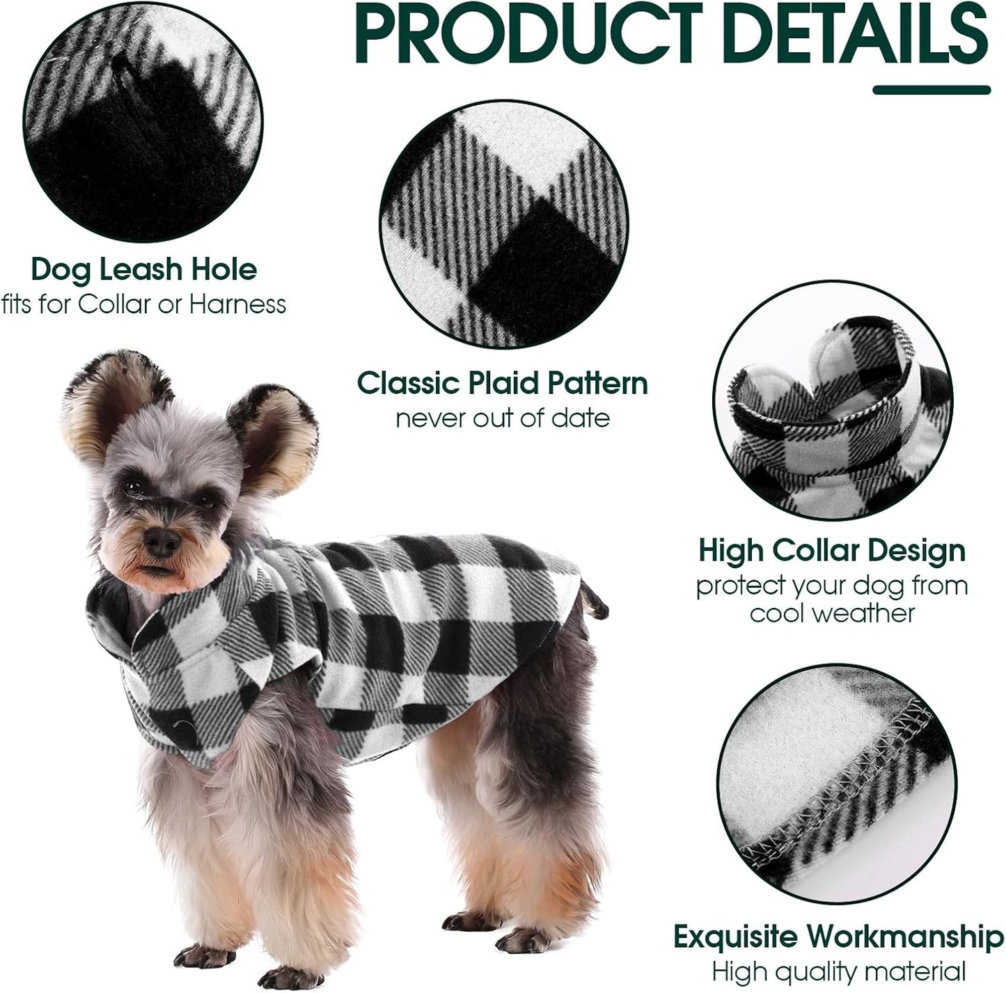 Kuoser Dog Fleece Vest,Warm Plaid Dog Sweater with Leash Hole,Soft Turtleneck Winter Pet Jacket Dogs Coat Pullover Clothes for Small Medium Dogs Cats,Spring Fall Cold Weather Christmas Outfit,Black L