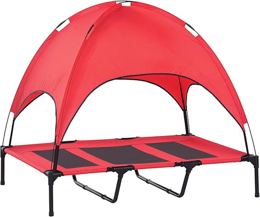 PawHut Elevated Dog Bed with Removable Canopy, Outdoor Dog Cot with UV Protection Canopy Shade, 48 inch Large Pet Bed for Camping, Red | Large Pet Bed, Outdoor Dog Cot, UV Protection Shade, Camping