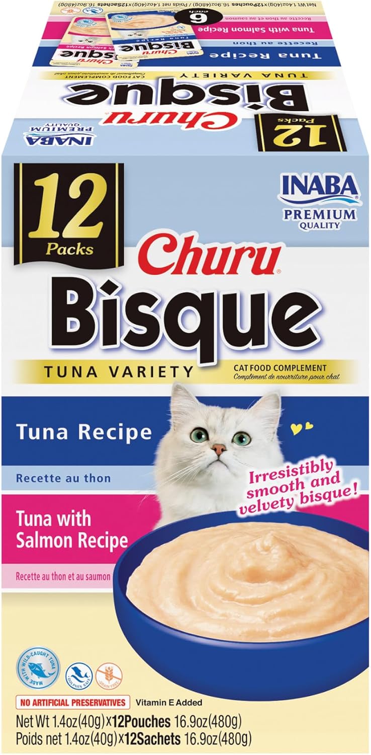 INABA Churu Bisque for Cats, Creamy Lickable Purée Side Dish with Vitamin E, 1.4 Ounces per Pouch, 12 Pouches, Tuna Variety