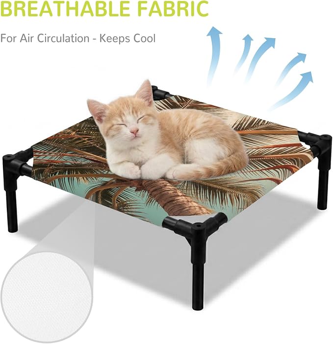 Outdoor Elevated Dog Bed for Small Dogs, Summer Palm Tree Breathable Cooling Raised Dog Cot for Indoor/Outdoor, Tropical Plants Botanical Trees Waterproof Elevated Pet Beds, S 20 x 20 in
