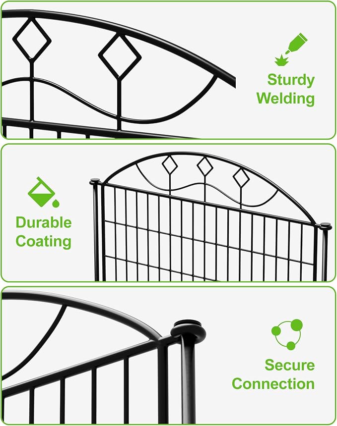 10 Panels Black Metal No Dig Garden Fence, 33in H x 24ft L Temporary Animal Barrier for Dogs & Rabbits, Reusable Outdoor Yard Fencing