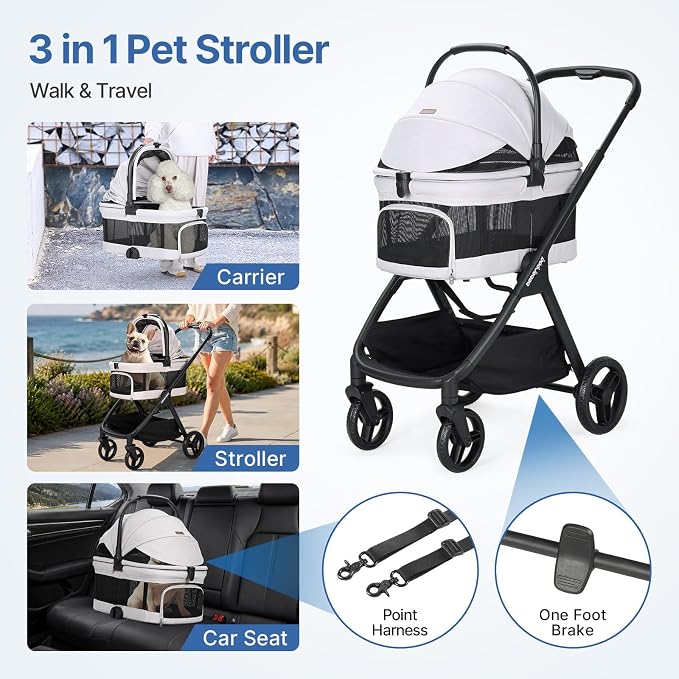 X-5 Pet Stroller for Medium Pets Up to 55 lbs, Net Gray | Full View, Adjustable Handle, Detachable Carrier, Convertible Car Seat, One-Touch Fold, All-Terrain Wheels, 3-in-1 Design