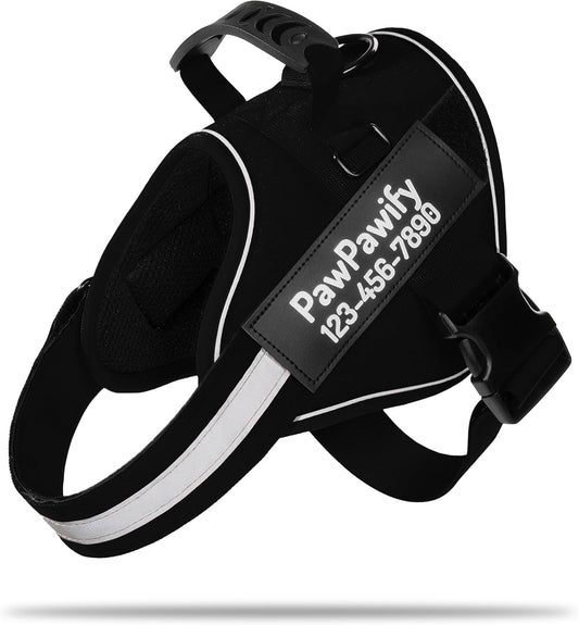 PawPawify Custom No Pull Dog Harness with Name and Phone Number, Heavy Duty Personalized Pet Vest to Prevent Tugging, Pulling, or Choking, Training and Walking (New Black, M (20-40 LBS))