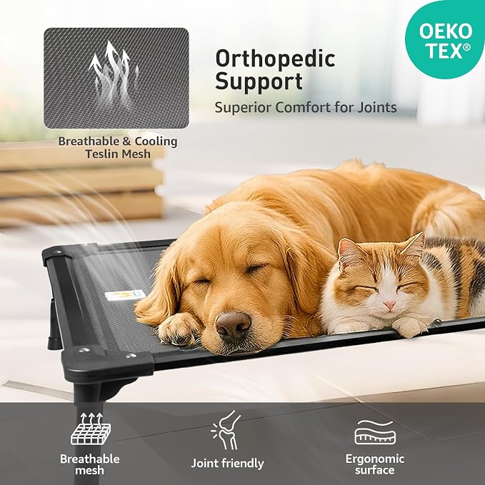 47'' Outdoor Elevated Dog Bed for Extra Large Dogs, Chew-Proof Pet Camping Raised Cot with Breathable Mesh - Durable Frame, Cooling Hammock Bed, Non-Slip Feet, Waterproof, Easy Clean