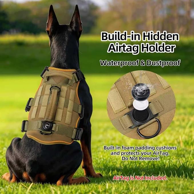 Reflective Tactical Dog Harness with AirTag Holder&3 Pet Patches, Khaki L | Heavy Duty No Pull Dog Harness, Adjustable Dog Harness, Two Handles, Breathable Mesh Padding, Resists Dirt and Stay Clean