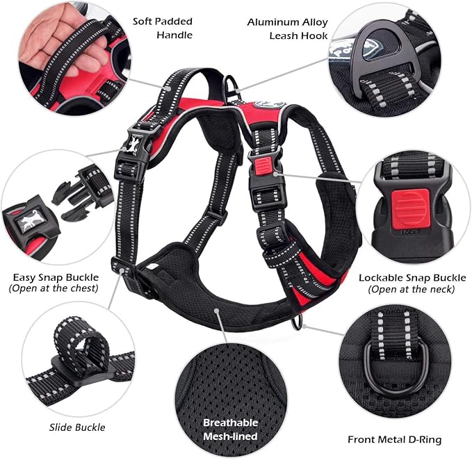 PoyPet No Pull Dog Harness Small with Front Clip & Neck Release Buckle | No Choke, Adjustable Vest, Reflective, Back Clip, Lockable, Soft Padded, Easy Control Handle for Walking Training, XS, Red