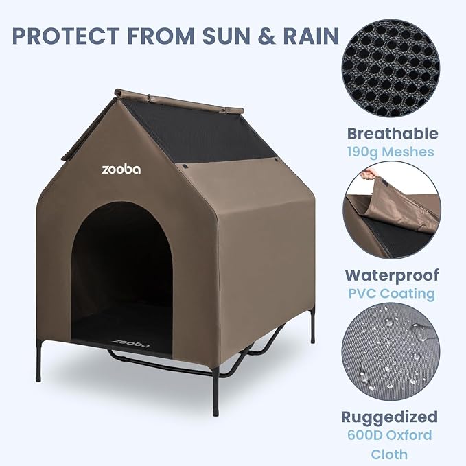 Zooba 48in XL Dog House Outdoor, Elevated Dog Bed with Canopy, Brown | Weather-resistant 600D PVC canopy, breathable 2x1 Textilene elevated bed, steel frame; indoor or outdoor; easy to clean