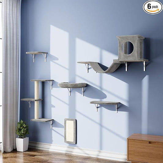 6-in-1 Cat Wall Shelves, Wall Mounted Cat Climber with Condo House, Scratching Post, Bridge Ladder, Space-Saving Indoor Play Furniture for Kittens, Grey