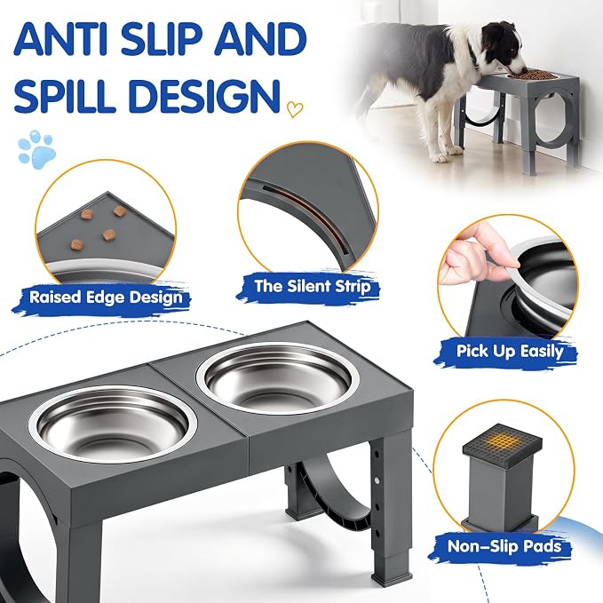 XIAZ Elevated Dog Bowls Large Breed Raised Dogs Bowl Stand Large/Medium Sized Dog Stainless Steel Food Water Bowl Stands 5 Heights Adjustable 9/11/12/14in Pet Feeder Dish Station