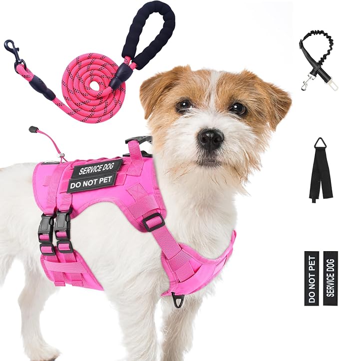 No Pull Tactical Dog Harness Small Sized Dog, Service Dog Vest, S, Pink | Tactical Dog Vest Harness and Leash Set, Adjustable Military Service Dog Harness with Handle for Medium Large Dogs