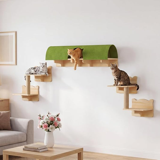 7-in-1 Cat Shelves for Wall, Cat Wall Furniture Set with Tunnel | Multi-Level Floating Cat Shelves for Space Saving, Solid Wood Cat Climbing System with Scratching Posts, Burlywood