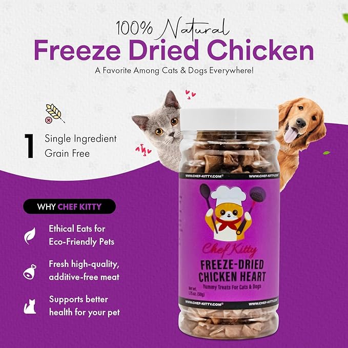 Chicken Hearts for Dogs | Cat Treats Freeze Dried, 100% Human Grade, Single Ingredient | High Protein Cat & Dog Food Toppers | No additives or Preservatives | Inspected & Tested in USA | 1.4 oz.