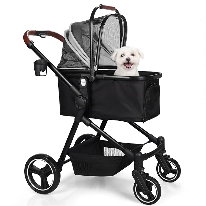 3-in-1 Foldable Pet Stroller for Dogs & Cats, 33lbs | All-terrain 7"/10" wheels | Compact storage | Storage basket | Breathable linen | Cup holder & rear brakes