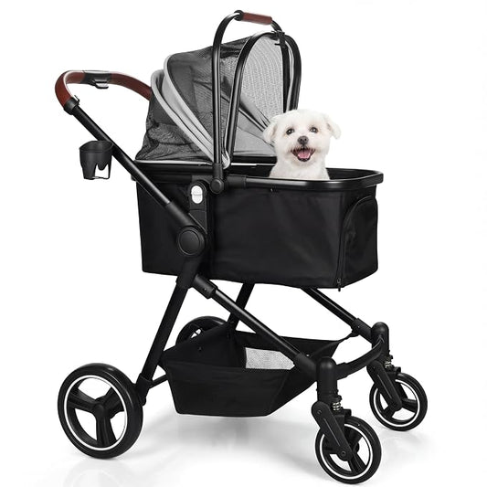 3-in-1 Foldable Pet Stroller for Dogs & Cats, 33lbs | All-terrain 7"/10" wheels | Compact storage | Storage basket | Breathable linen | Cup holder & rear brakes