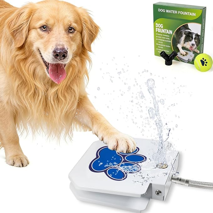 Dog Water Fountain Step On, Outdoor Dog Water Sprinkler for Large Dogs, with Upgrade Copper Valve Set & Stainless Steel Hose, Easy to Use, Fresh Water to Drink