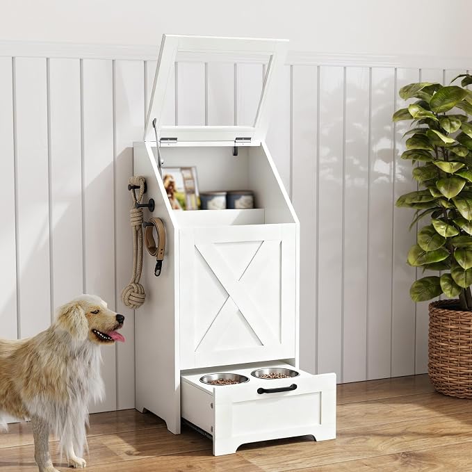 White Dog Feeding Station with Storage & Bowls | Pet food cabinet, 2 elevated bowls, 3 hooks, glass flip cover, anti-tipping device, for dogs.
