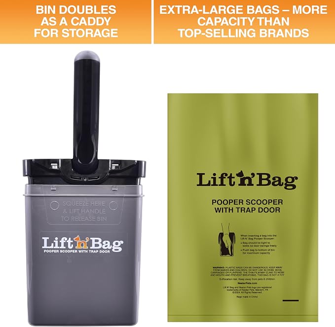 Neater Pet Brands Lift N’ Bag 2.0 Dog Pooper Scooper with Bag Attachment for Small to Large Dogs, New & Improved Design, 15 Refill Bags, Heavy Duty Dog Poop Scooper for Yard & Walks, One-Hand Use