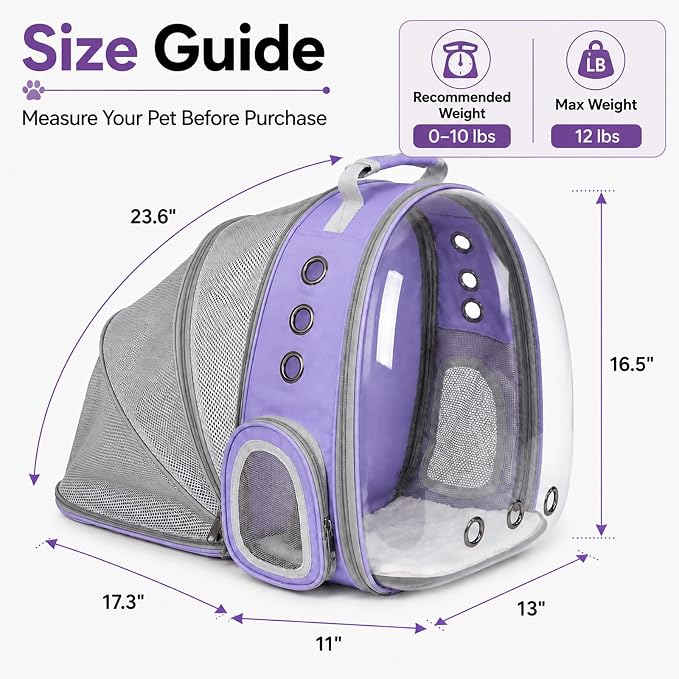 Expandable Cat Backpack Carrier, Breathable Clear Bubble Window Pet Carrier for Small Dogs and Cats up to 12 lbs, Airline Approved Travel Bag for Hiking and Outdoor Use (Back Expandable-Purple)