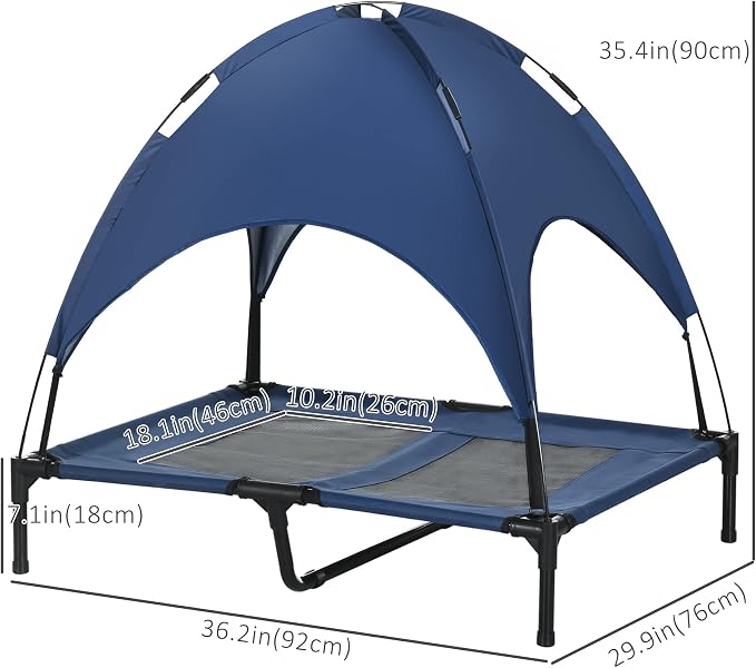 PawHut Elevated Dog Bed with Removable Canopy, Outdoor Dog Cot with UV Protection Canopy Shade, 36 inch Large Pet Bed for Camping, Dark Blue | Large Pet Bed, Outdoor Dog Cot, UV Protection Shade, Camping