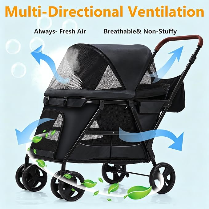 Dog Stroller for Large & Medium Dogs, Foldable Pet Stroller for 2 Small Dogs Up to 66lbs, with All-Terrain Wheels, Breathable Mesh Ventilation & Storage Pocket (Black)