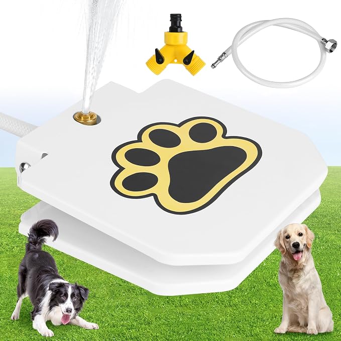 Dog Water Fountain Step On, Outdoor Paw Activated Water Fountain for Dogs, Paw Activated Drinking Water Toy with Hose for Fresh Water, Upgrade Copper Valve Set(White) (White-New)