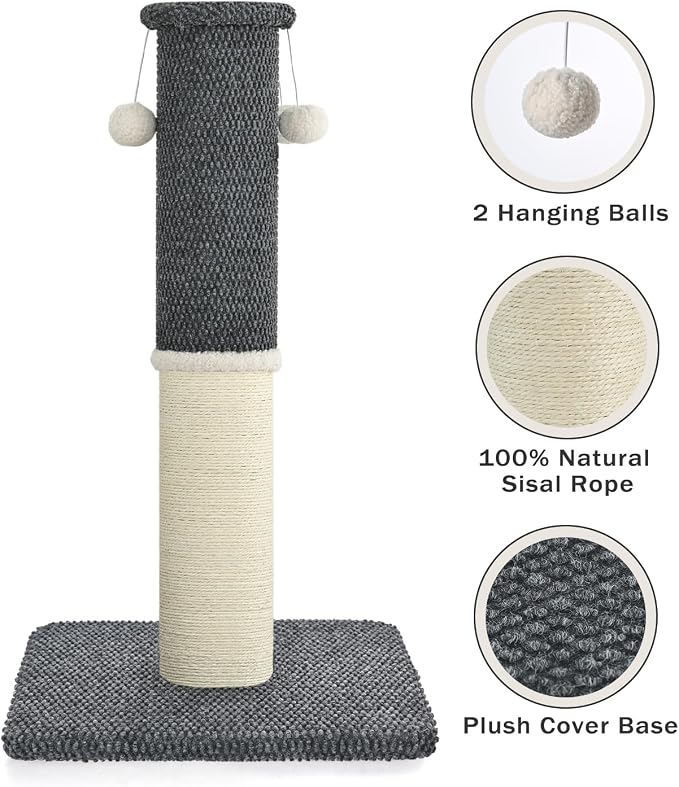 Made4Pets Tall Cat Scratching Post with Sisal & Carpet for Indoor Cats, 33" | Cat Scratcher with Wide Stable Base, Interactive Hanging Toys, Ideal for Adult Cats, Large Breeds and Full-Body Stretching